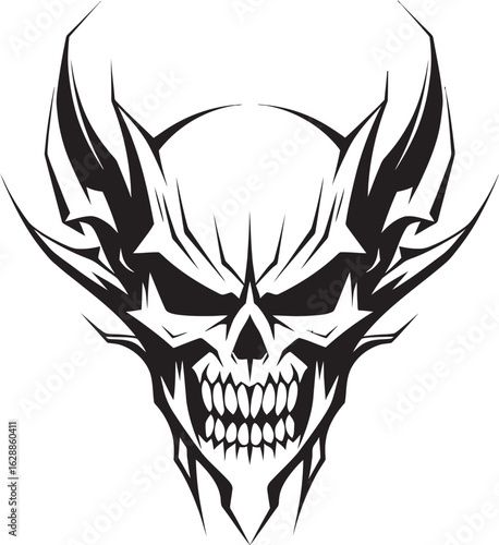 Skull with Horned Shadows Black Icon Evil Skull Horns Emblem Vector Logo