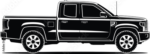 Side profile view of a modern pickup truck in a bold black silhouette against a white background