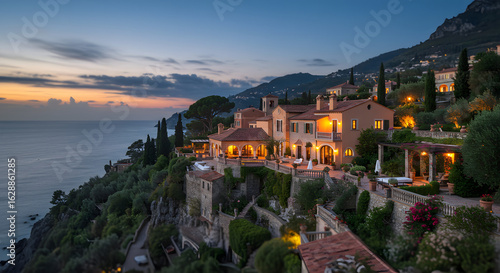 Luxury villa ocean view estate home mediterranean architecture real estate at dusk twilight vacation travel