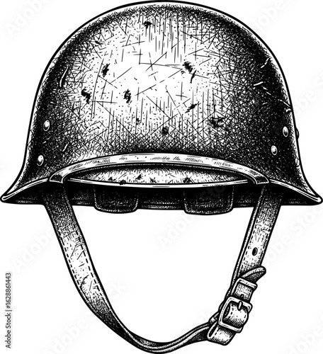 Vintage military helmet with scratches and straps with hand-drawn style