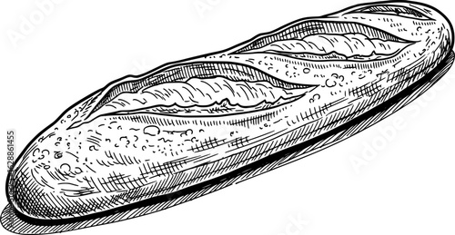 Traditional French baguette with crisp crust texture with hand-drawn style