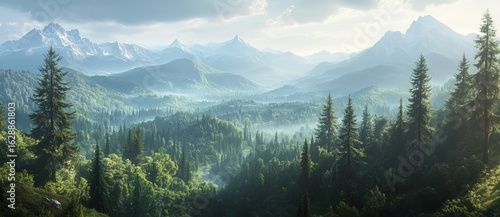 The scenery of northern woodlands, as seen from above, includes green pine forest and dark spruce trees covering mountain hills