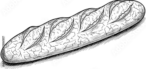 Traditional French baguette with crisp crust texture with hand-drawn style