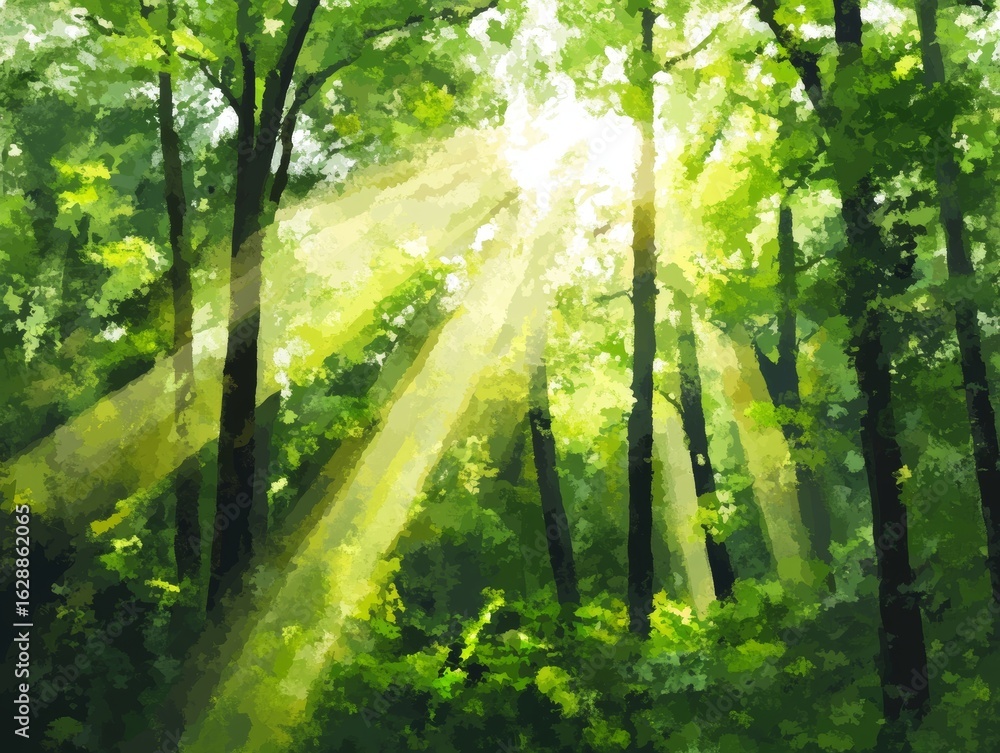 Fototapeta premium A serene forest scene featuring tall trees and dappled sunlight, created in the manner of animated illustrations, serves as the background with text-based elements