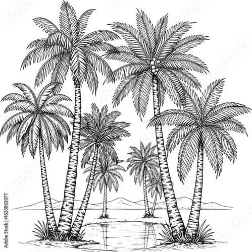 Palm tree oasis with realistic detailing of trees, leaves, and bark with hand-drawn style