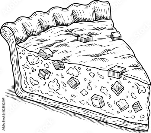 Slice of quiche Lorraine with creamy filling and crust detail with hand-drawn style