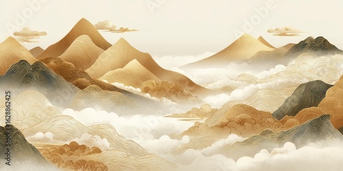 Illustration of layered mountains with rolling fog in a muted gold and green palette