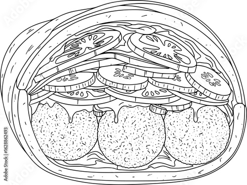 Falafel sandwich with fresh vegetables and pickles wrapped in pita bread with hand-drawn style