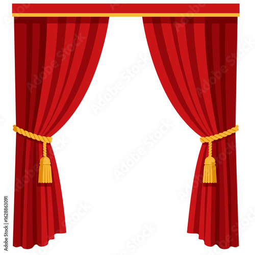 Red curtain with tassels hanging in elegant style, white background, isolated, vector  