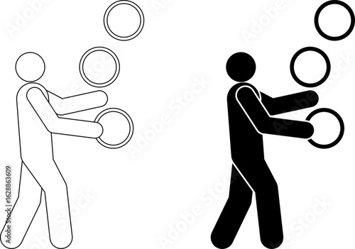 Side view of a stick figure juggling three rings, shown as a minimal vector icon in both outline and silhouette style