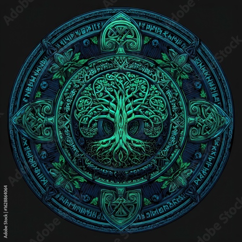 Intricate circular design with a glowing tree of life motif and ornate border details