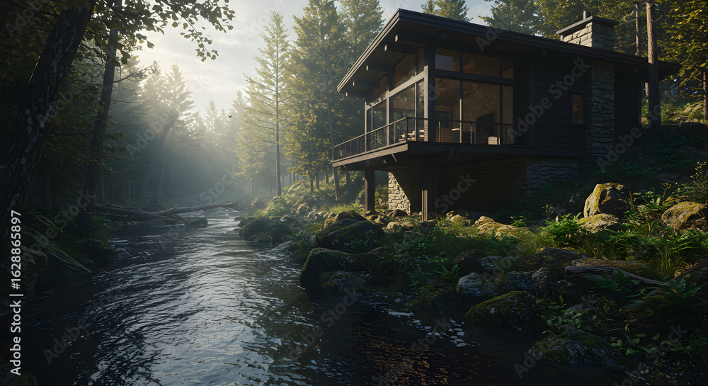 Fototapeta premium Cabin river forest nature stream trees landscape architecture building home exterior design scenic view