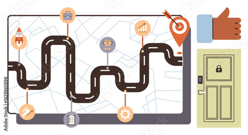 Curved roadmap on map with icons for milestones, goal pin, thumbs-up sign, and locked door. Ideal for achievement, strategy, goals, journey, navigation planning growth simple flat metaphor