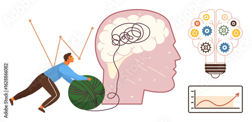 Man rolling yarn to untangle inside brain silhouette, representing thought clarity. Includes growth chart, gears in lightbulb. Ideal for problem-solving, creativity, cognitive processes, mental