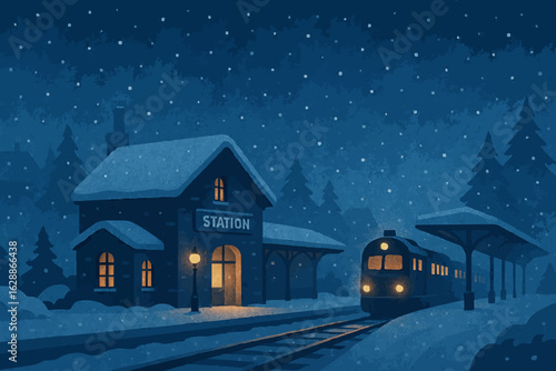 winter landscape with train station