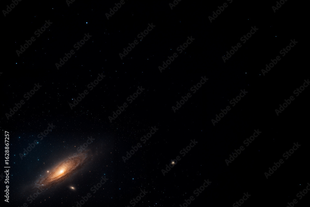 Fototapeta premium High-resolution image of the cosmos featuring a glowing blue star, dense star fields, and a vivid band of interstellar dust crossing the deep space background.