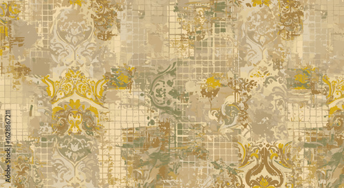 Abstract grunge background with distressed golden damask ornament. Vintage rococo seamless pattern with textured grid.