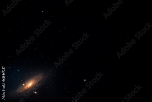 High-resolution image of the cosmos featuring a glowing blue star, dense star fields, and a vivid band of interstellar dust crossing the deep space background.