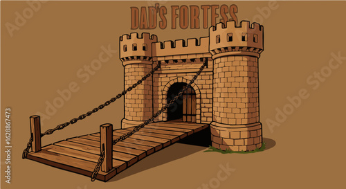 Father's day illustration of a medieval castle fortress with drawbridge and towers for fantasy game design asset art vector