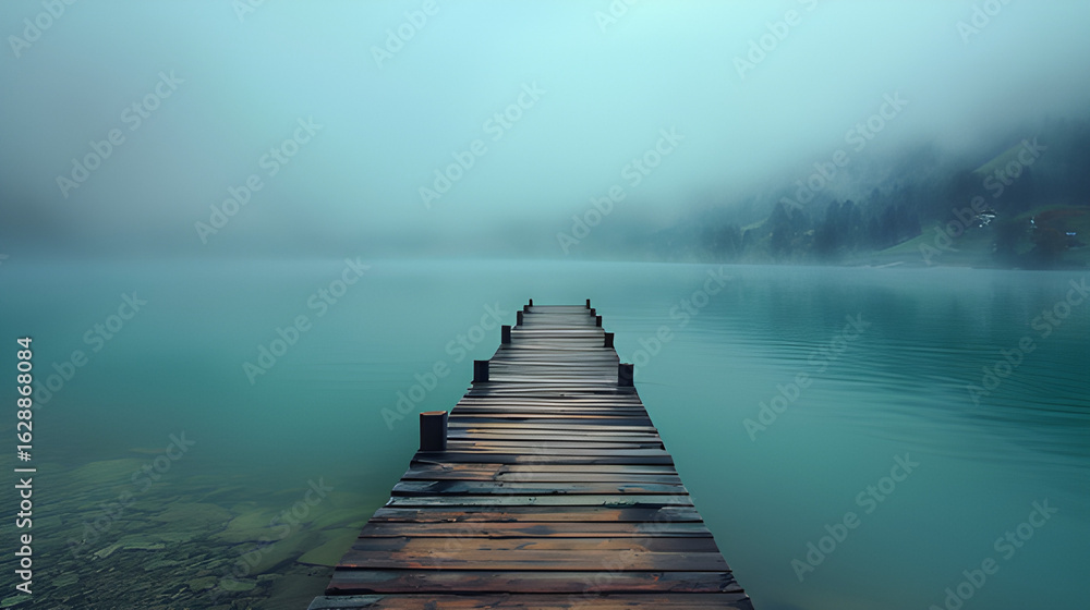 Fototapeta premium Foggy pier on the lake. Endless lone wooden lake pier. Misty wooden pier lonely dock waterfront property, bridge over turquoise blue water