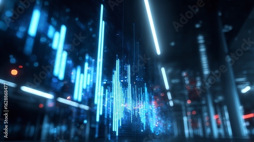 Dynamic blue digital sound wave forms an abstract futuristic visualization.