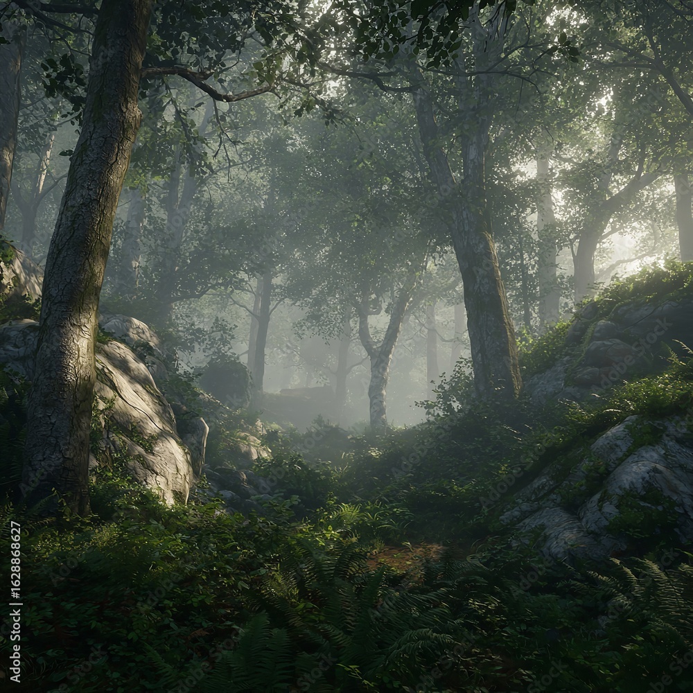Obraz premium Tranquil Woodland Scene with Lush Foliage and Soft Light Filtering Through the Canopy