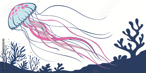 Stylized jellyfish with pink spots and tentacles floating above dark coral and seaweed in ocean created with generated ai