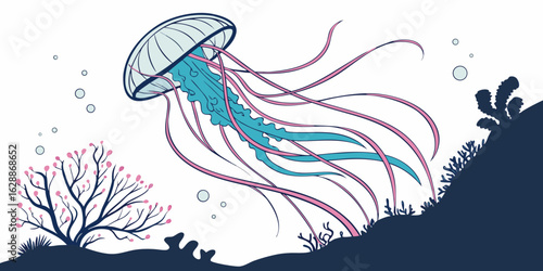 Illustration of a jellyfish with long pink tentacles swimming near coral and bubbles underwater scene created with generated ai