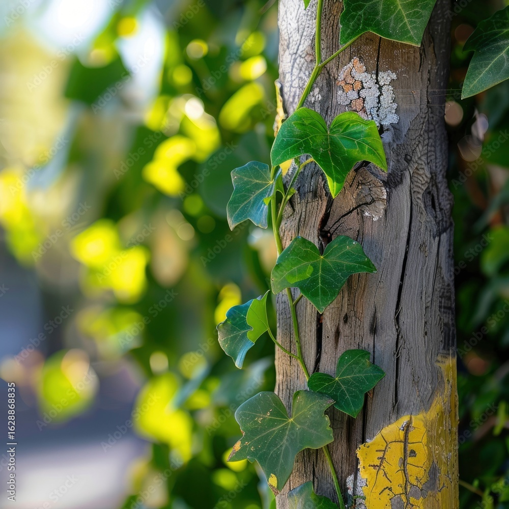 Obraz premium Ivy winds gracefully around a weathered wooden pole, set against a soft-focus green backdrop