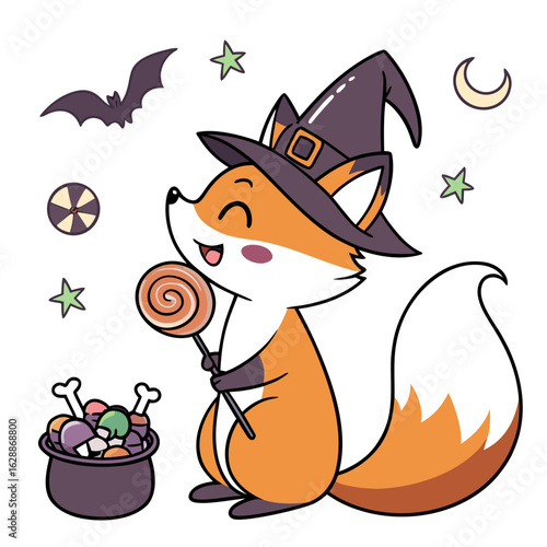 Cute Joyful Foxe, accessorized with holding a lollipop, in a Halloween world – Spooky Fun palette vector