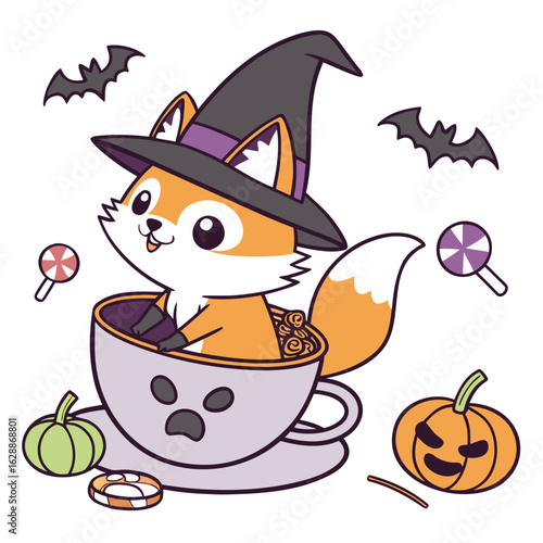Cute Mischievous Foxe, accessorized with in a teacup, in a Halloween world – Spooky Fun palette vector