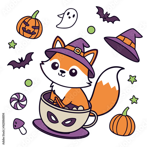 Cute Mischievous Foxe, accessorized with in a teacup, in a Halloween world – Spooky Fun palette vector