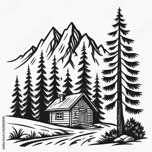 Illustration of a cabin in the woods with tall pine trees and mountain peaks in the background scenery created with generated ai