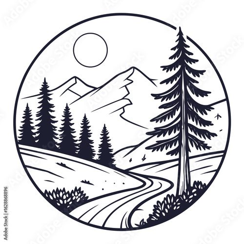Circular mountain landscape illustration with trees, winding path, and a bright sun in the sky above created with generated ai