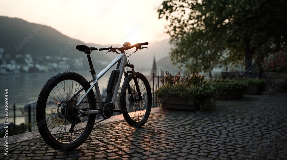 Fototapeta premium Electric mountain bike parked by a tranquil lake at sunrise embodying on transparent background