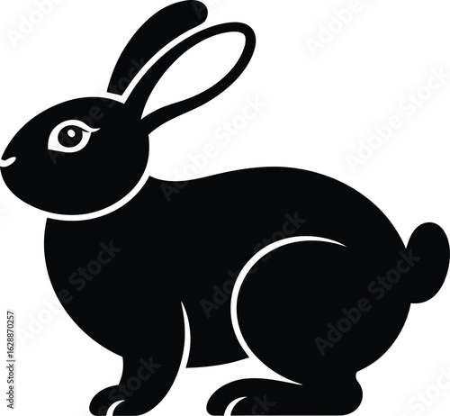 A simple black silhouette of a fluffy rabbit with long ears and a short tail on a white background