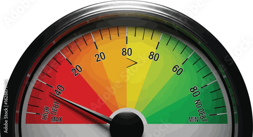 Close up of a debt gauge with a needle pointing to high debt max on a red and green background