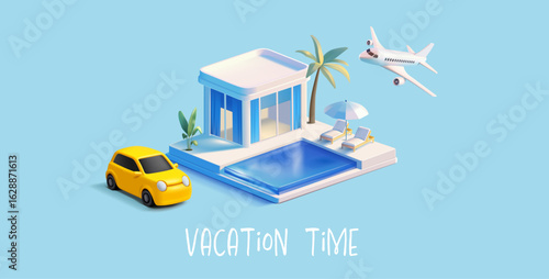 Modern 3D building, car, plane, swimming pool, palm tree. Cottage for rent and rest, vacation, holidays, ticket booking. Vacation time. Vector illustration.
