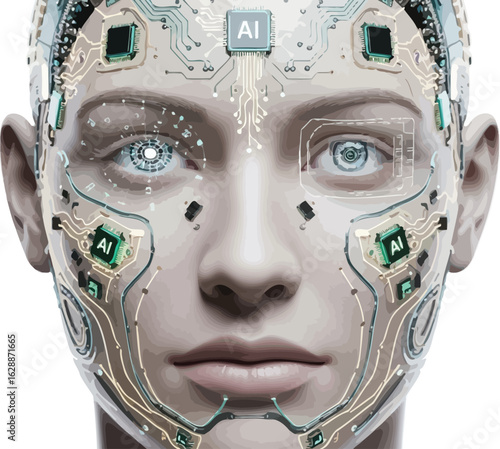 Close up of a humanoid robot face with visible artificial intelligence circuitry and glowing eyes