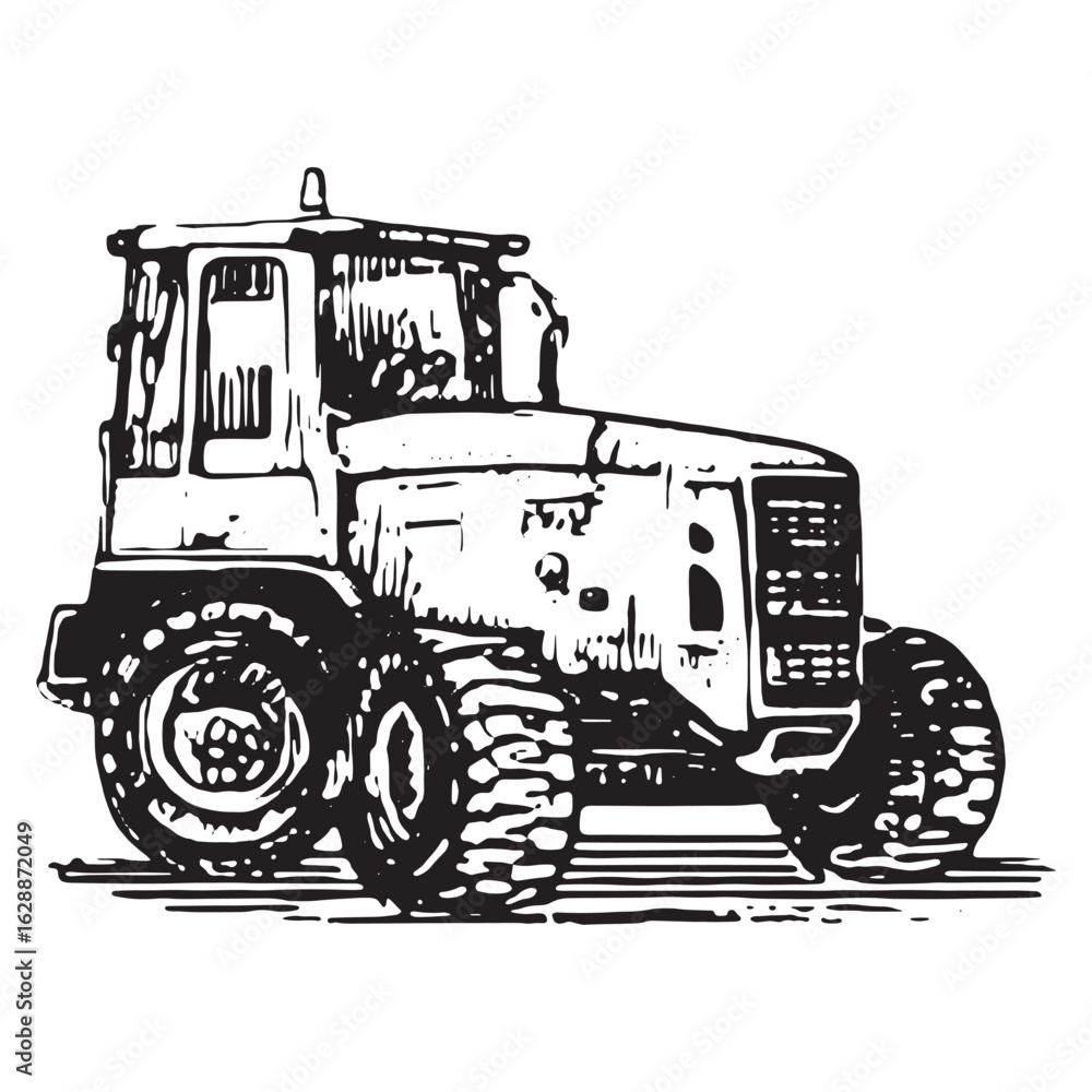 Naklejka premium Detailed black and white sketch of a wheeled excavator, perfect for construction and industrial use