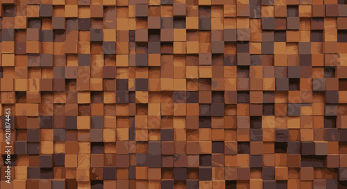 Decorative wall panel featuring a 3D mosaic pattern composed of natural wooden blocks in various earthy brown tones, creating an abstract textured background.