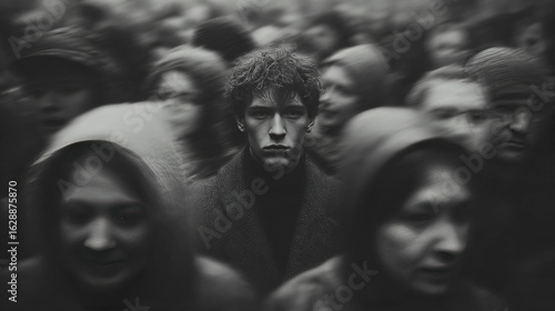 Man standing still in blurred crowd, expressing isolation and loneliness concept.