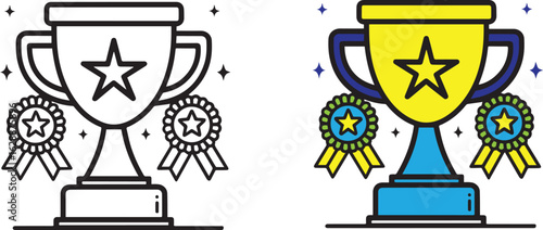 Vector Trophy Award Icon – Winner Cup with Ribbons and Stars in Outline and Color Style