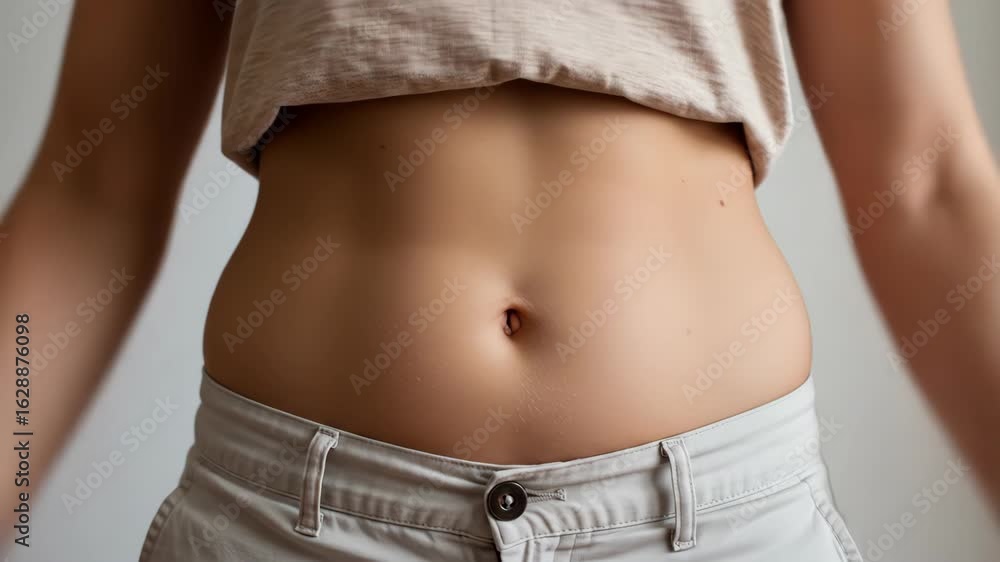 Closeup of a womans toned abdomen, highlighting fitness, health, and a sporty lifestyle, showcasing the results of exercise, diet, and training for a slim and muscular physique Closeup of a womans toned abdomen, highlighting fitness, health, and a sporty lifestyle, showcasing the results of exercise, diet, and training for a slim and muscular physique
