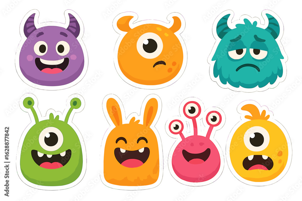 Naklejka premium Cute cartoon monster vector graphics set for kids design and funny illustrations, colorful monster faces on transparent background