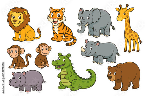 Cute cartoon wild animals illustration lion tiger elephant giraffe monkey crocodile rhino hippo bear set on transparent background