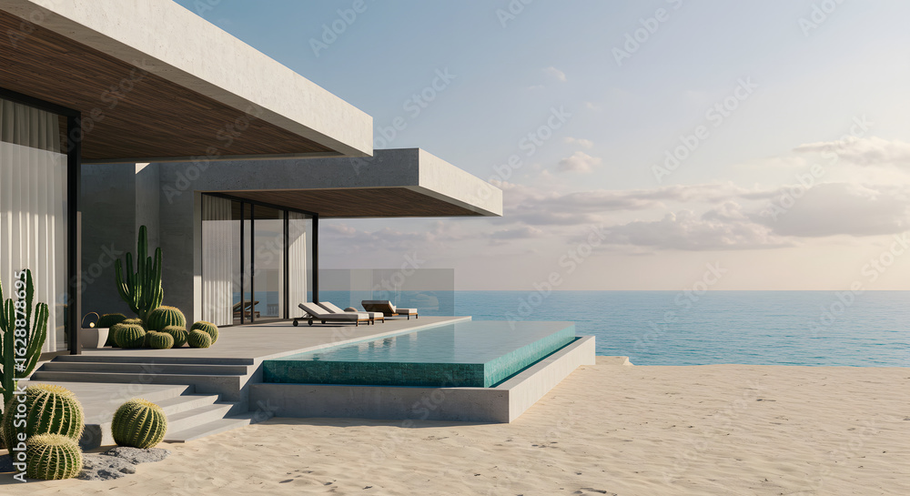 Fototapeta premium Modern beach house with pool ocean view architecture design luxury villa coastal living home exterior summer getaway