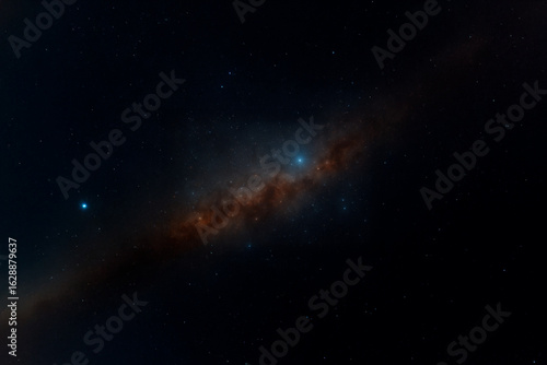 High-resolution image of the cosmos featuring a glowing blue star, dense star fields, and a vivid band of interstellar dust crossing the deep space background.