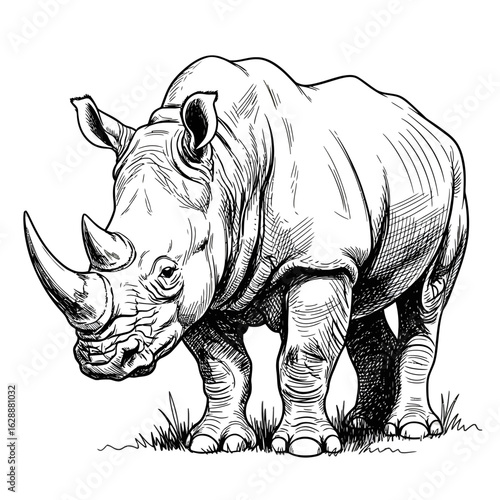Detailed monochrome illustration of a rhinoceros standing amongst sparse grass.