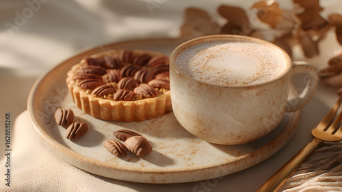 Fototapeta Naklejka Na Ścianę i Meble -  Cozy fall treat: pecan tart and warm latte on a neutral plate with a golden fork, warm and inviting.